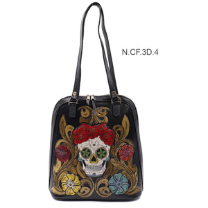 mk-1325 backpack o mochila/bolsa de piel auténtica cincelada y pintada a mano en  catrinas flores color