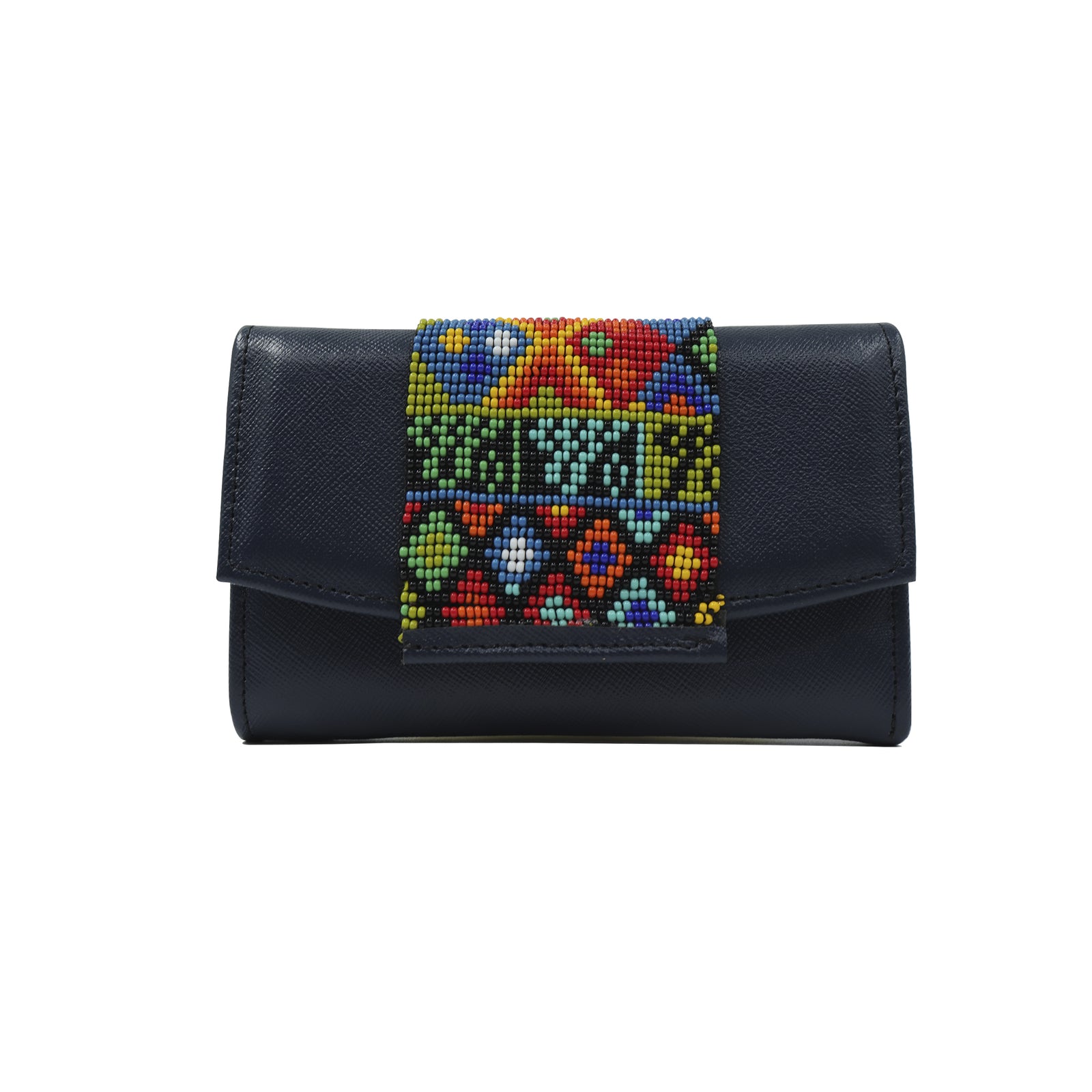 ck-932 cartera piel con grecas y geometria de chaquira artesanal