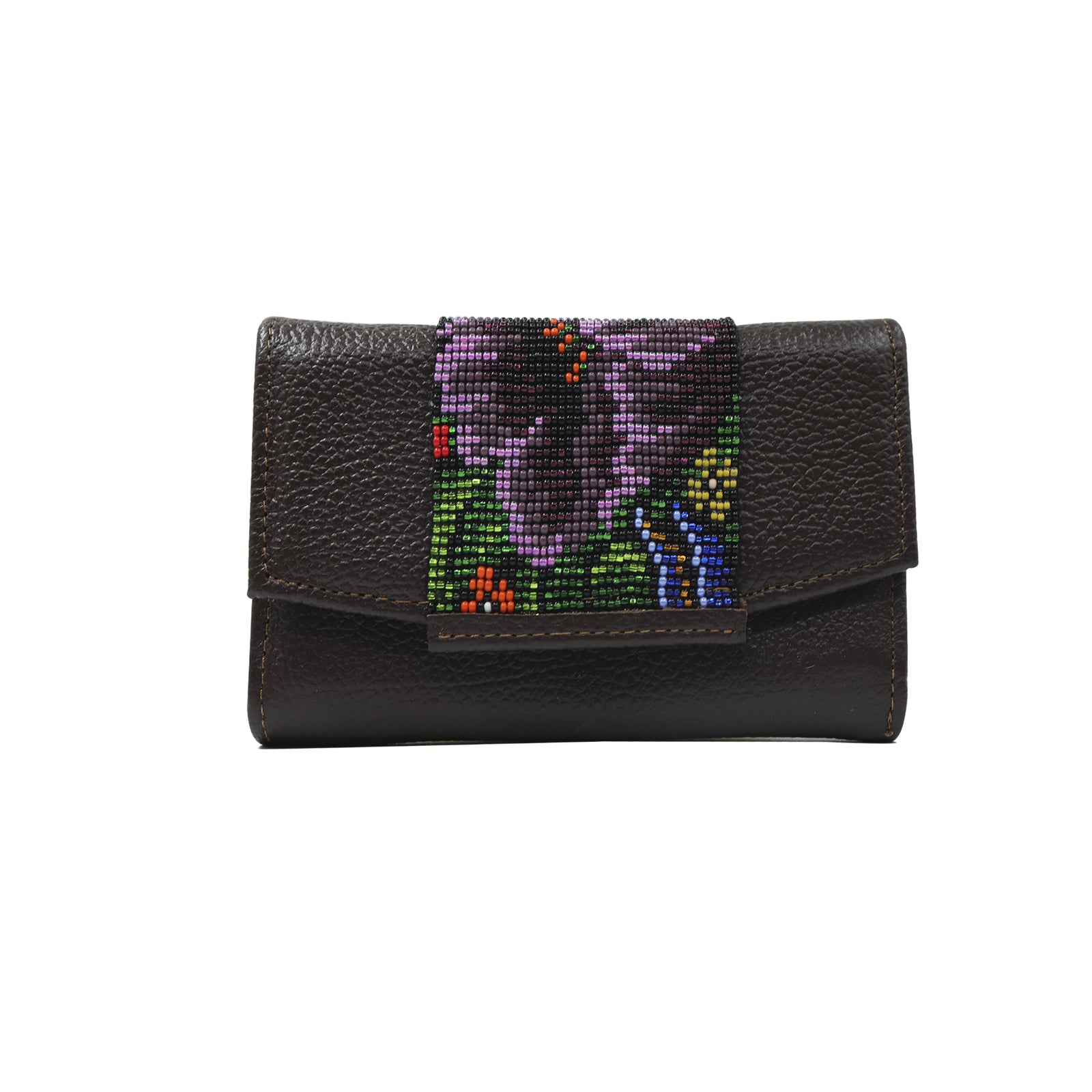 ck-932 cartera piel con flora de chaquira artesanal