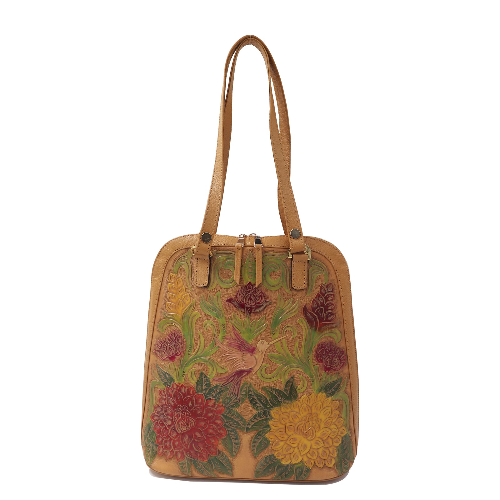 mk-1325 back pack cincelado de  flores dalias colibrí