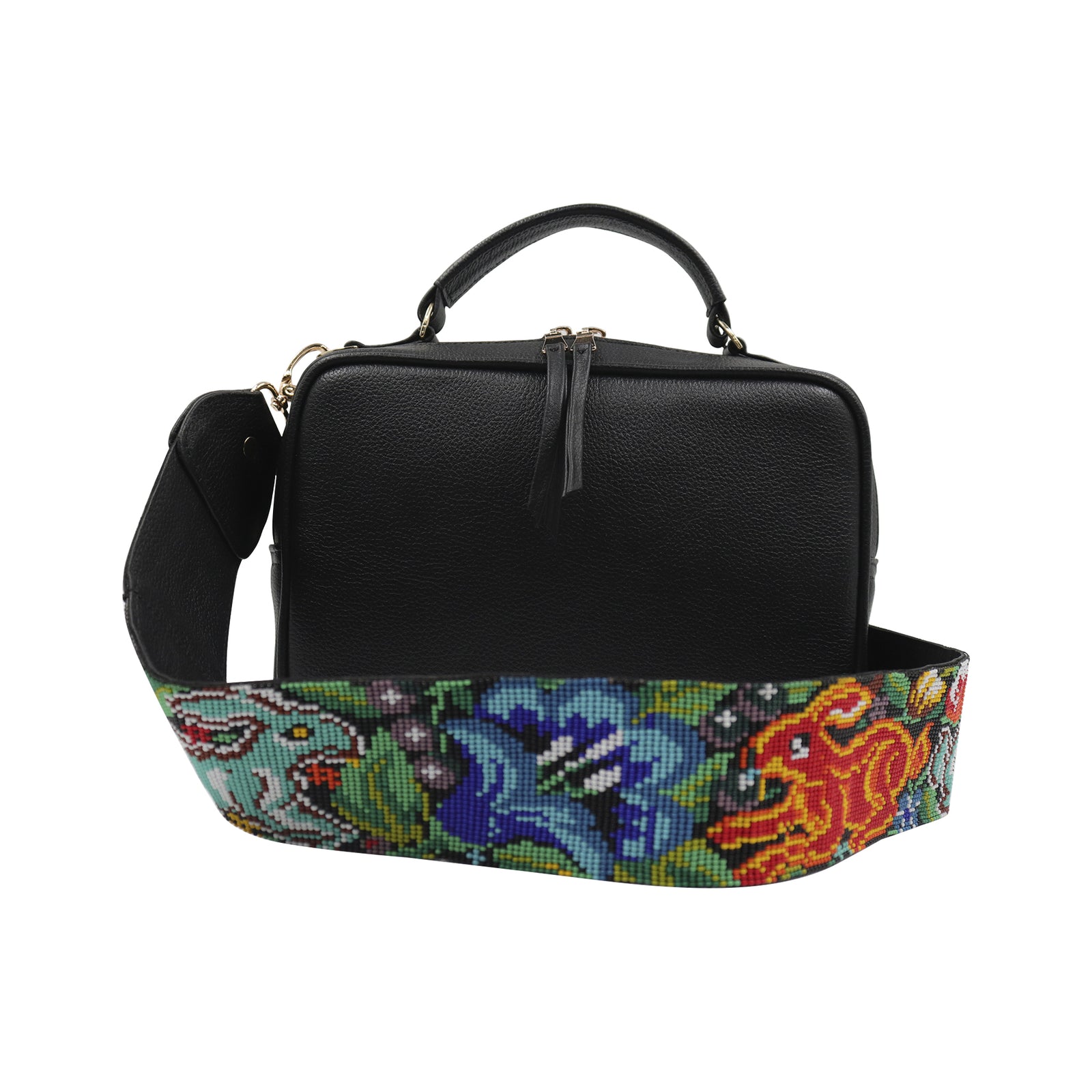 bk-125 bolsa de piel con asa chaquira artesanal de fauna