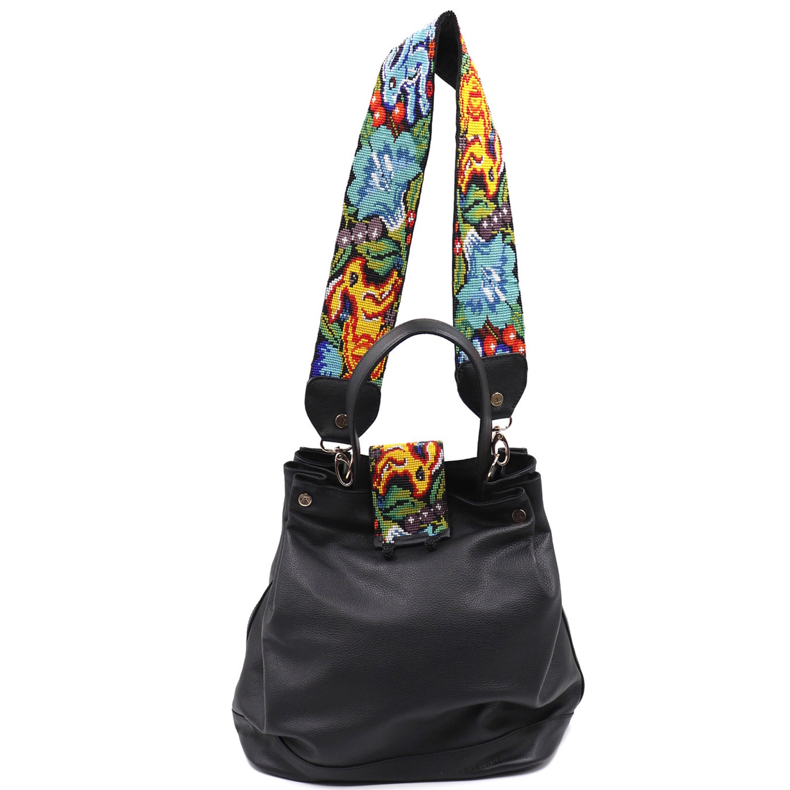 bk-1329 bolsa de piel con asa de chaquira artesanal de fauna