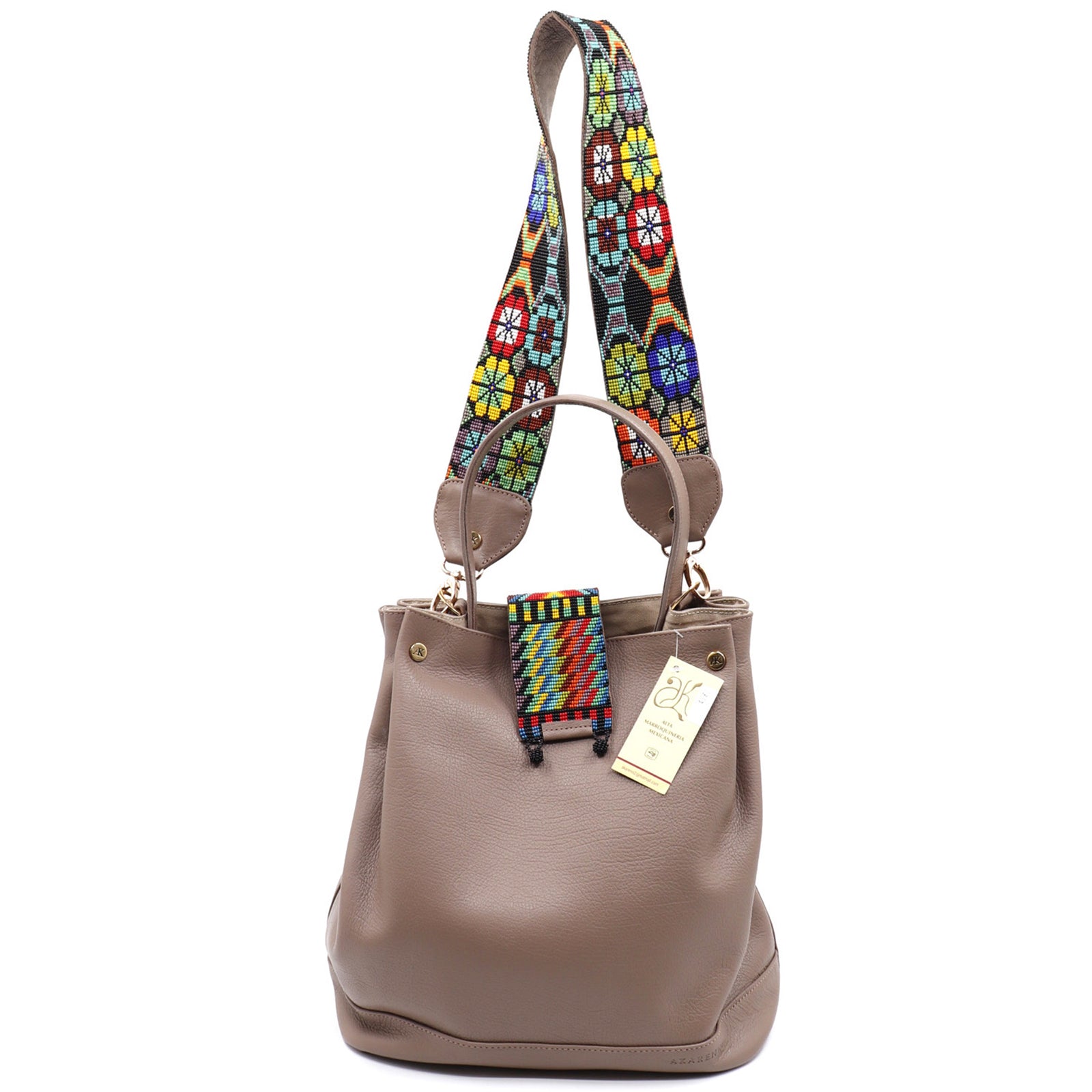 bk-1329 bolsa de piel con asa de chaquira artesanal de grecas