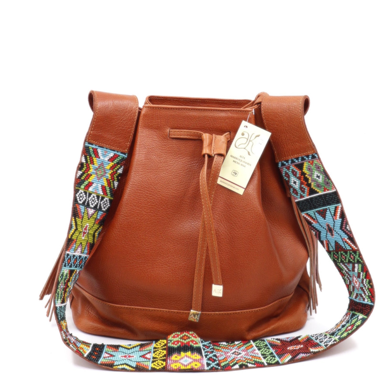 bk-1322 bolsa de piel con asa de chaquira artesanal de grecas