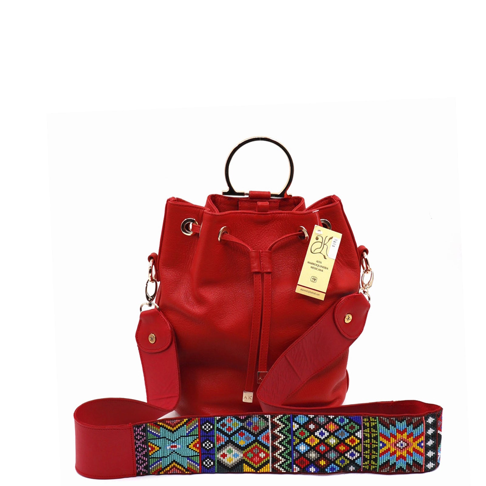 bk-1336 bolsa/morral de piel con asa de chaquira artesanal de grecas