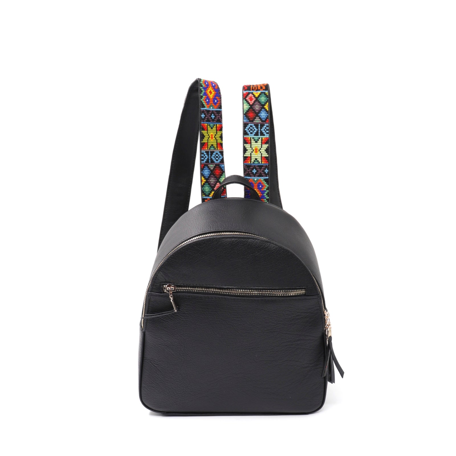 mk-1335 back pack piel con asas de chaquira grecas