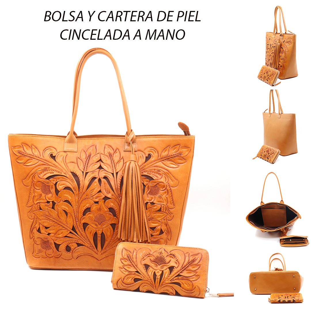modelo 1001 bolsa y cartera cincelada a mano original en piel de ternera