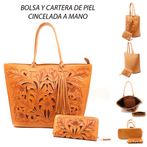 modelo 1001 bolsa y cartera cincelada a mano original en piel de ternera