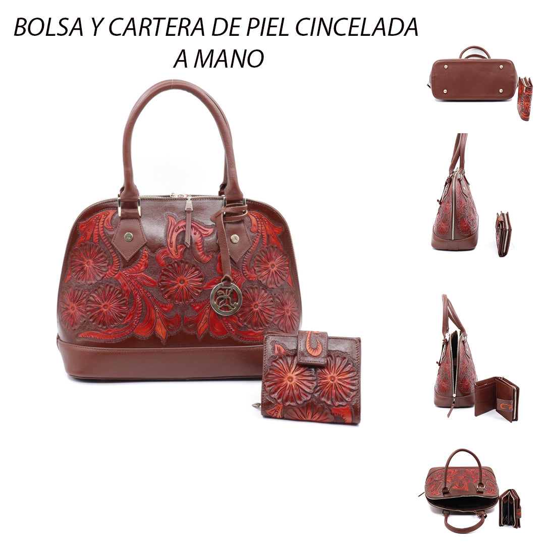 bolsa de piel cincelada a mano artesanal con cartera incluida
