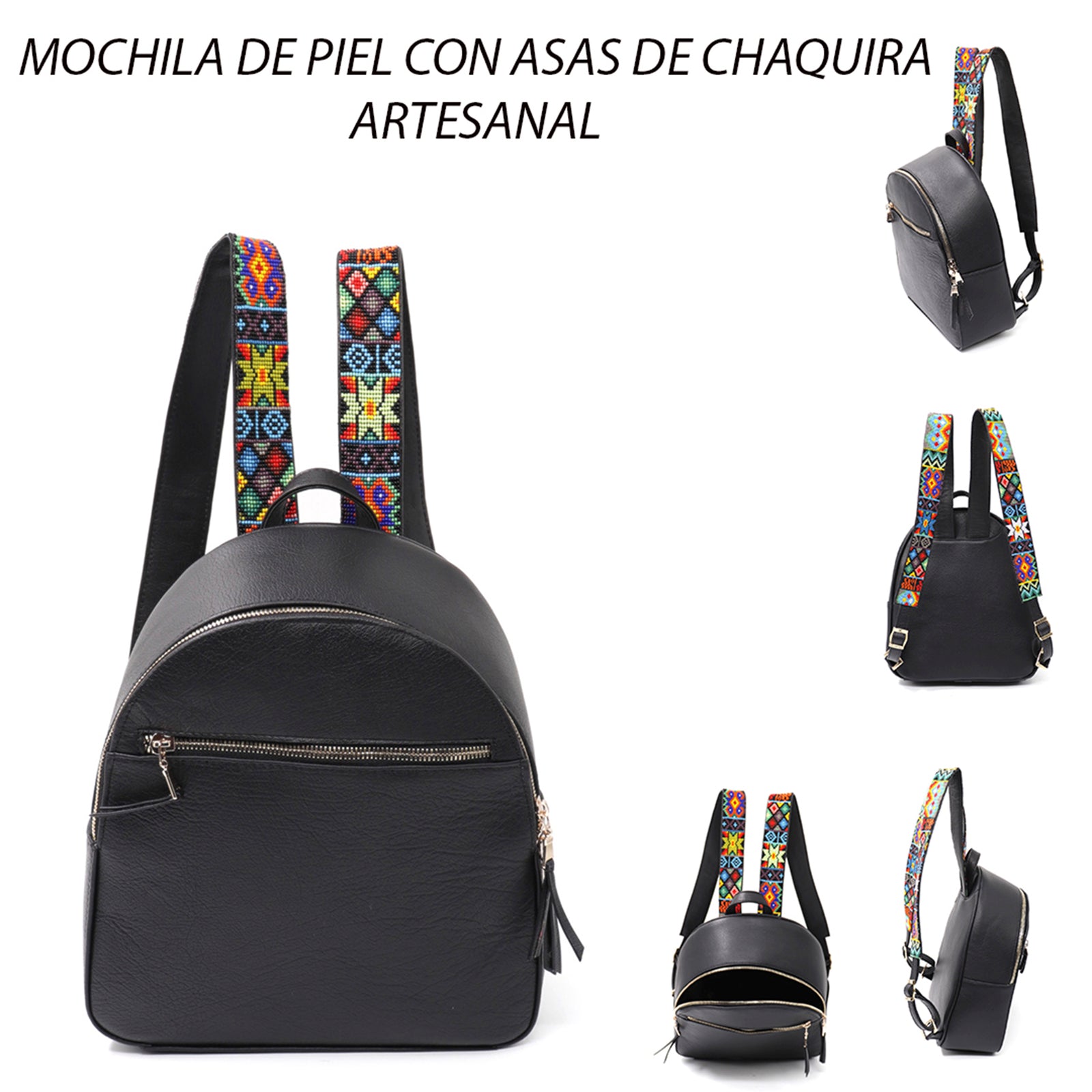 mk-1335 back pack piel con asas de chaquira grecas
