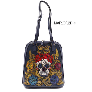 mk-1325 backpack o mochila/bolsa de piel auténtica cincelada y pintada a mano en  catrinas flores color