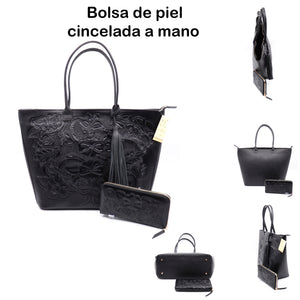modelo 1001 bolsa y cartera cincelada a mano original en piel de ternera