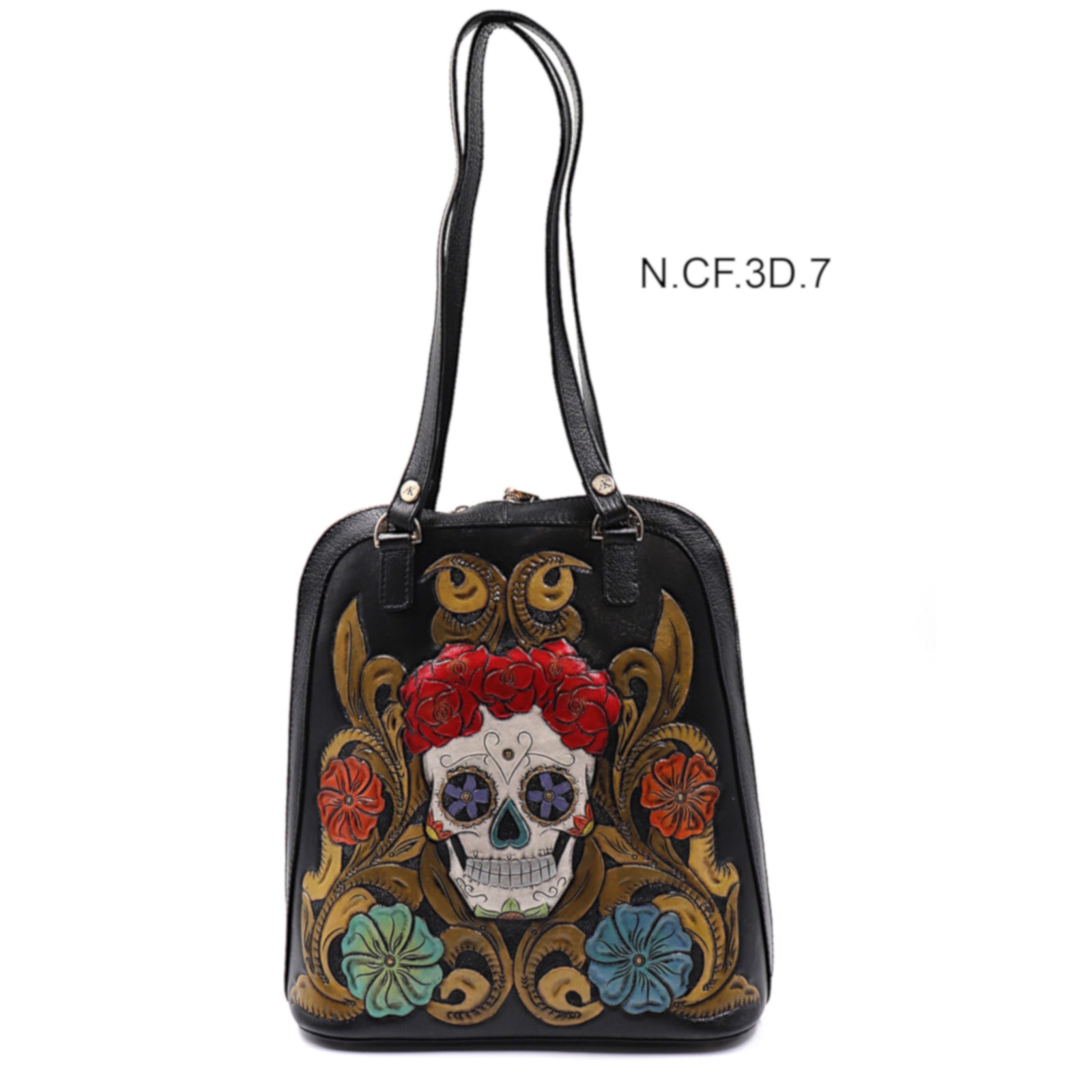 mk-1325 backpack o mochila/bolsa de piel auténtica cincelada y pintada a mano en  catrinas flores color